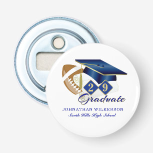 Abrebotellas Fútbol con tapón de graduación azul personalizado