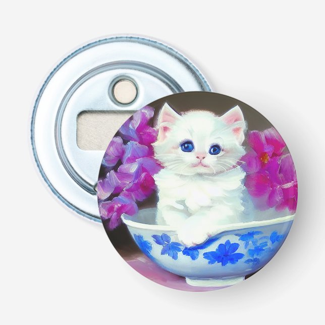 Abrebotellas Gatito blanco vintage con flores rosas (Anverso)