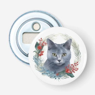 Abrebotellas Gato Azul Ruso Corona de Navidad Gatito Festivo