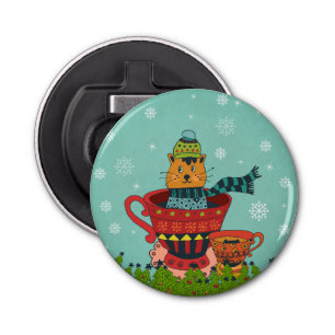 Abrebotellas Gato caprichoso sentado en una taza de té Navidade