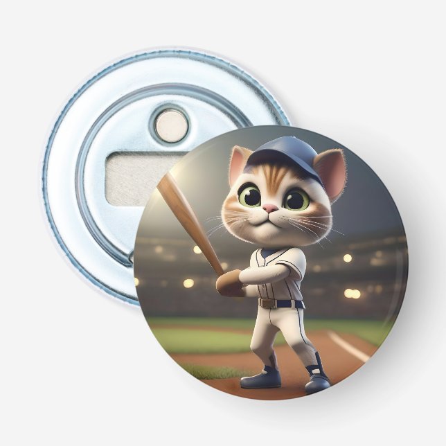 Abrebotellas Gato De Béisbol Gracioso En 3D, (Anverso)