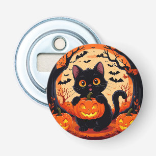 Abrebotellas Gato de dibujos animados y calabazas bajo luna lle
