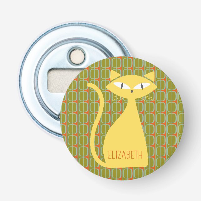 Abrebotellas Gato moderno de medio siglo sobre patrón geométric (Anverso)