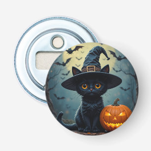 Abrebotellas Gato negro adorable que lleva sombrero de bruja