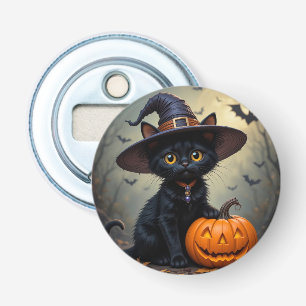 Abrebotellas Gato negro adorable que lleva sombrero de bruja