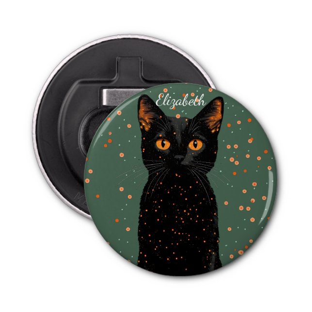 Abrebotellas Gato negro místico con ojos Naranjas y Purpurina (Anverso)