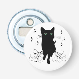 Abrebotellas Gato negro rodeado de notas susurrantes de música