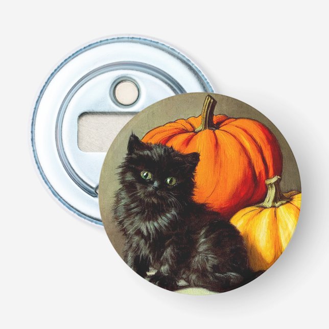 Abrebotellas Gato negro vintage de Halloween y calabazas (Anverso)