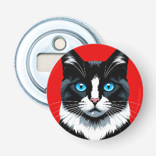 Abrebotellas Gato negro y blanco con ojos azules vibrantes