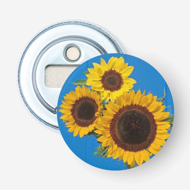 Abrebotellas Girasoles contra cerca azul (Anverso)