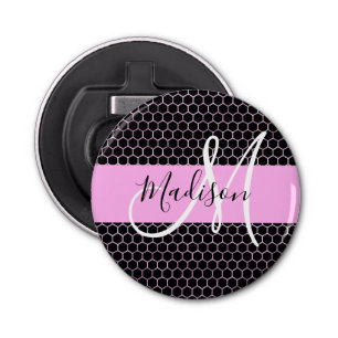 Abrebotellas Glam Black Metallic Pink Honeycomb Monograma Nombr