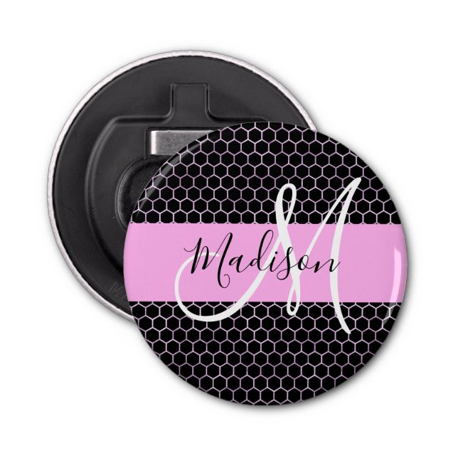 Abrebotellas Glam Black Metallic Pink Honeycomb Monograma Nombr (Anverso)
