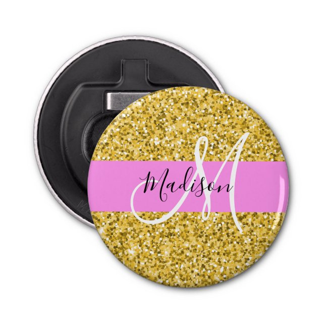 Abrebotellas Glam Pink and Gold Purpurina Sparkles Monograma No (Anverso)