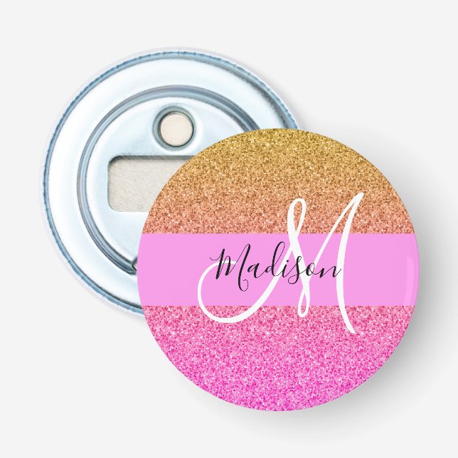 Abrebotellas Glam Pink & Gold Brillo Destello Gradiente Monogra (Anverso)