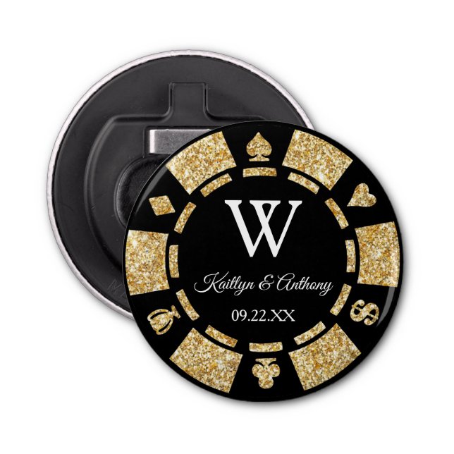 Abrebotellas Gold Glitter Poker Chip Casino Wedding Party Favor (Anverso)