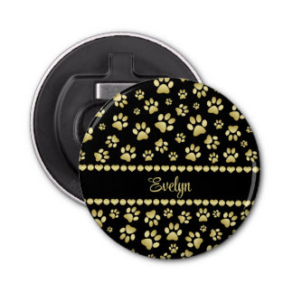 Abrebotellas Golden Paw Prints on Black with Custom Name