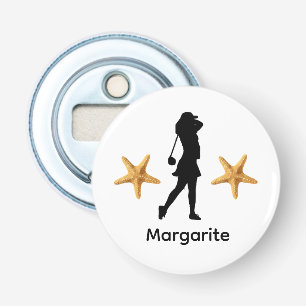 Abrebotellas Golfer femenina de silueta negra personalizada
