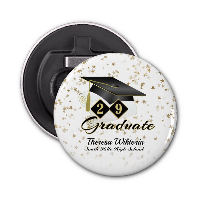 Abrebotellas Graduación Cap Black Gold Stars Personalizada (Anverso)