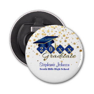 Abrebotellas Graduación Cap Blue Gold Confetti Personalizado
