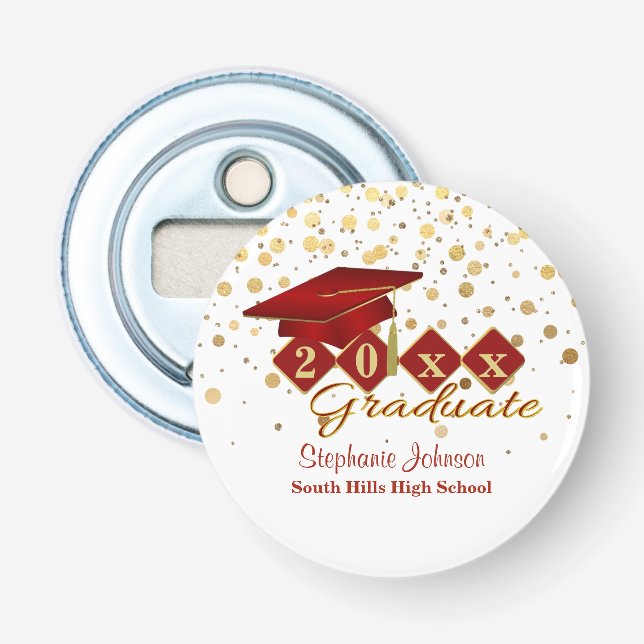 Abrebotellas Graduación Cap Red Gold Confetti personalizado (Anverso)