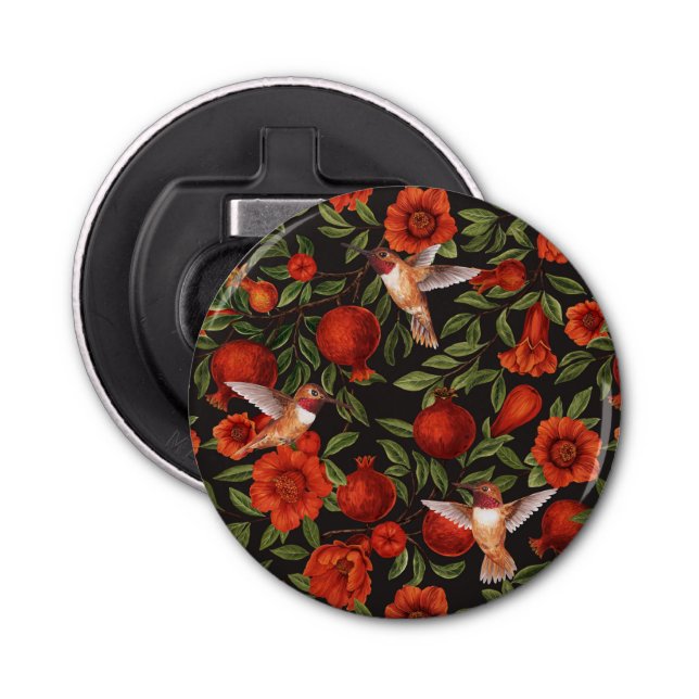 Abrebotellas Granadas y colibríes/hojas verdes en negro (Anverso)