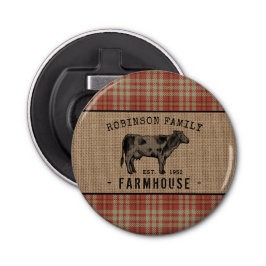 Abrebotellas Granja de familia Rústica Vaca Red Plaid Burlap