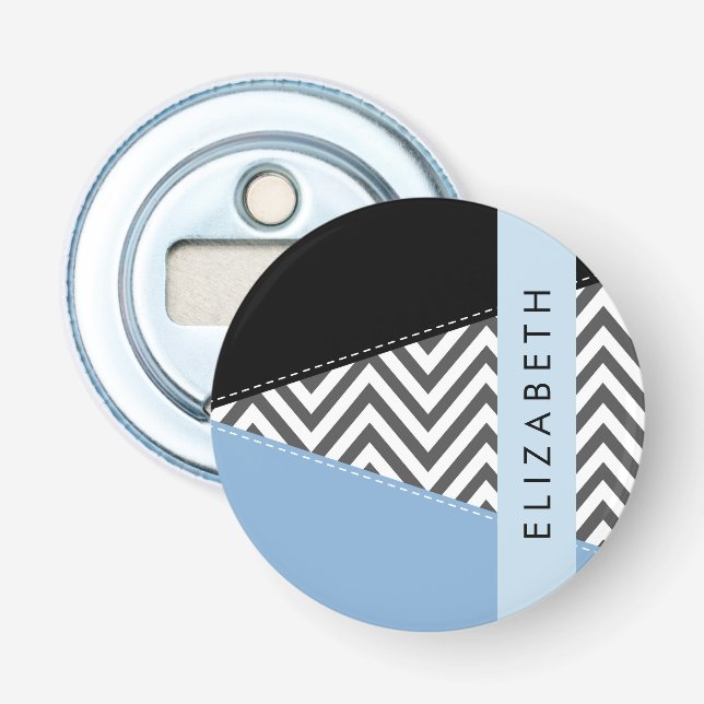 Abrebotellas Gris Zigzag, Gris Chevron, Azul, Tu Nombre (Anverso)