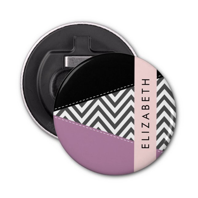 Abrebotellas Gris Zigzag, Gris Chevron, Púrpura, Tu Nombre (Anverso)