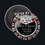 Abrebotellas Guardar la fecha Las Vegas - Plata y Rojo<br><div class="desc">¿Te vas a casar pronto? Una forma divertida y única de anunciar sus planes bodas. Guarde la fecha para su Boda un Abridor de botella listo para su personalización. Con las palabras "Save the Date" en un estilo de Las Vegas en finos diseños metálicos de plata, rojo y negro. Nota...</div>