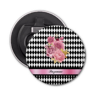 Abrebotellas Harlequin blanco negro con flor rosa y nombre