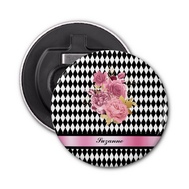 Abrebotellas Harlequin blanco negro con flor rosa y nombre (Anverso)