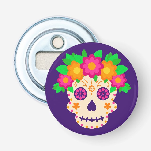 Abrebotellas Hermoso cráneo con flores Día de los Muertos (Anverso)