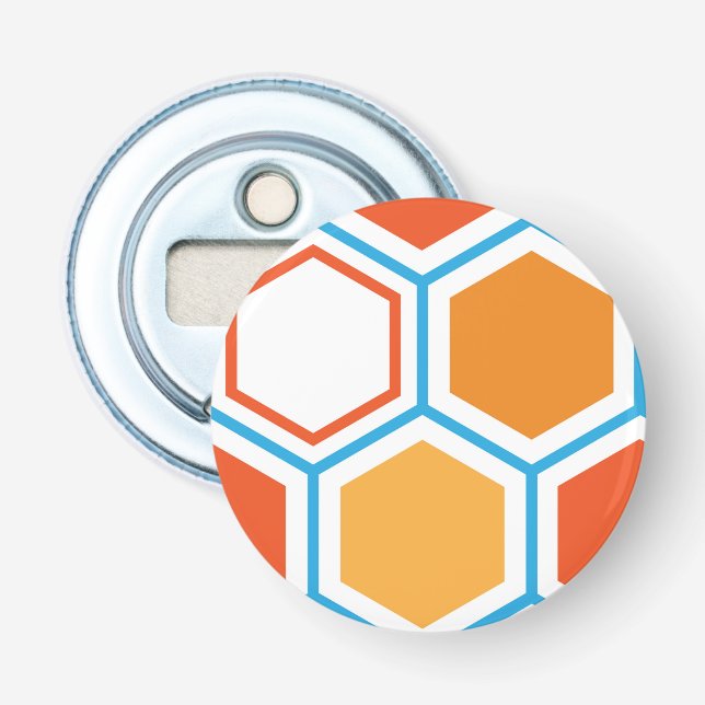 Abrebotellas Hexagón en naranja, azul y blanco (Anverso)