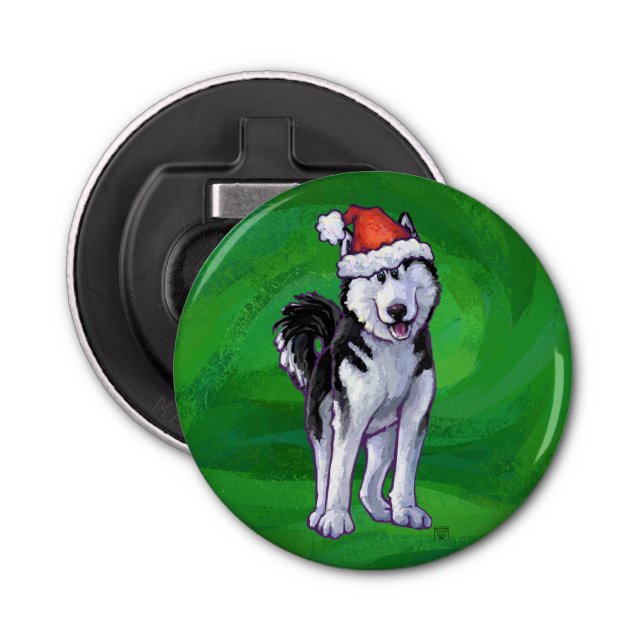 Abrebotellas Husky festivo en Santa Hat en Green (Anverso)