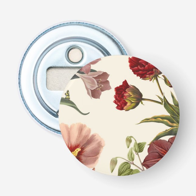 Abrebotellas Ilustración botánica vintage con flores rojas  (Anverso)