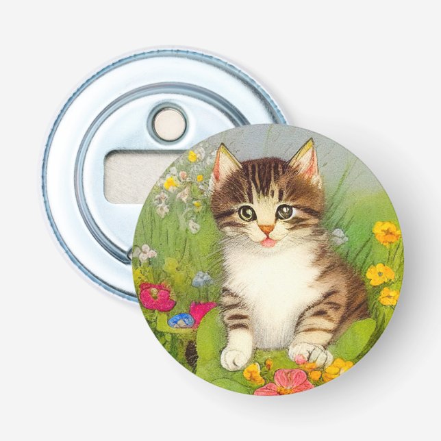 Abrebotellas Ilustracion de gato sonriente vintage (Anverso)