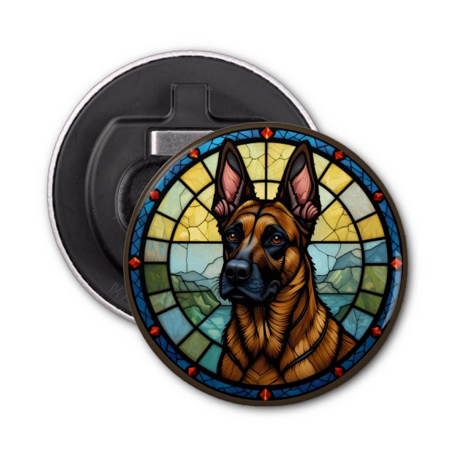 Abrebotellas Ilustracion Malinois con Estilo Vidrio Manchado de (Anverso)