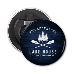 Abrebotellas Impresión Rustic Lake House Boat Oars Trees Blue W