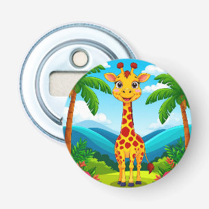 Abrebotellas Jirafa de dibujos animados linda en un paisaje tro