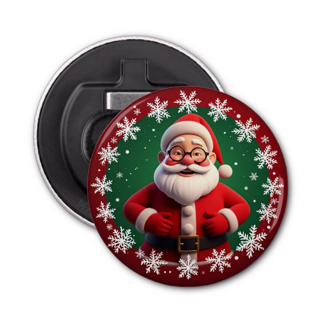 Abrebotellas Jolly Santa Claus rodeado de copos de nieve (Anverso)