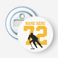 Jugador de hockey personalizado nombre número oro 