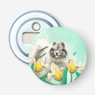 Abrebotellas Keeshond en tulipanes pintando arte original del p