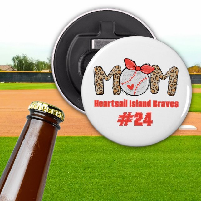 Abrebotellas La madre del béisbol es la mano de moda y es perso (Trendy Baseball Mom Personalized Button Bottle Opener)