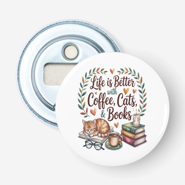 Abrebotellas La vida es mejor con café gatos libros (Anverso)