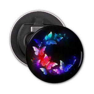 Abrebotellas Las mariposas nocturnas brillantes de Neon en el f