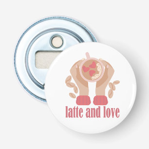 Abrebotellas Latte y taza de amor, manos y cita de café