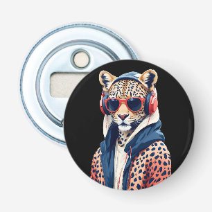 Abrebotellas Leopard usando Hoodie Funny personaje de animal de