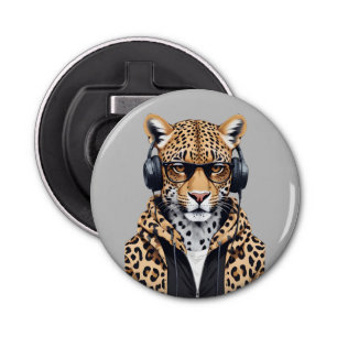 Abrebotellas Leopard usando Hoodie Funny personaje de animal de