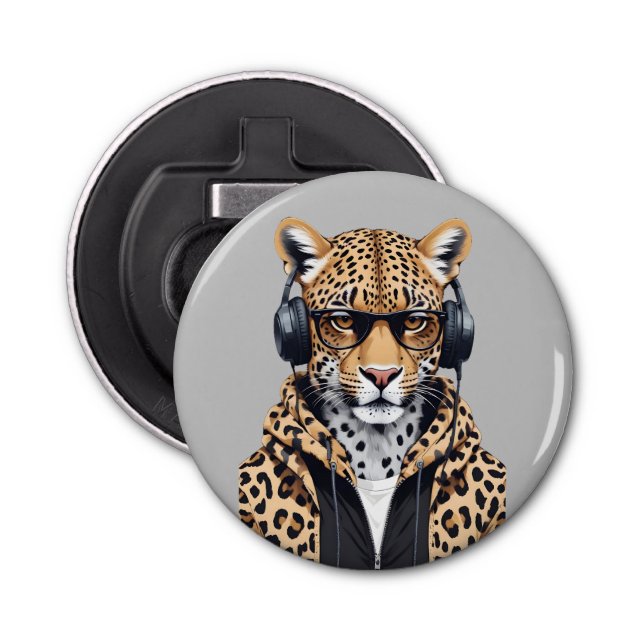 Abrebotellas Leopard usando Hoodie Funny personaje de animal de (Anverso)