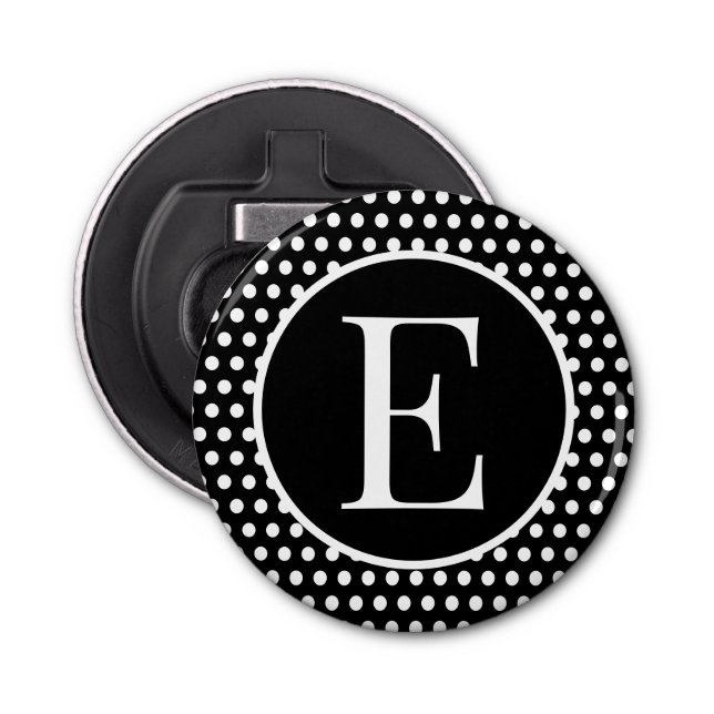 Abrebotellas Letra inicial retro negra y blanca puntos de polka (Anverso)